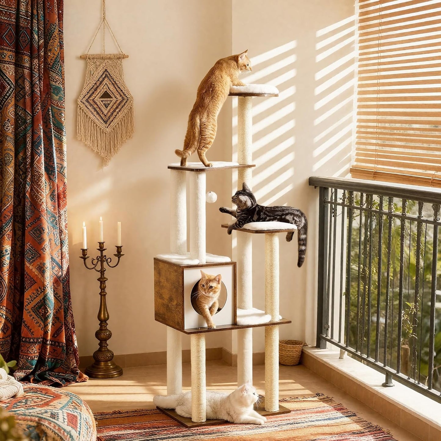 Cat Tree, 64.6-Inch Modern Cat Tower, Multi-Level Condo with 5 Scratching Posts, Perch, Washable Removable Cushions, Cave, Rustic Brown UPCT166X01